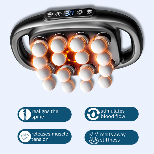 Massage device with glowing elements and text benefits on a white background