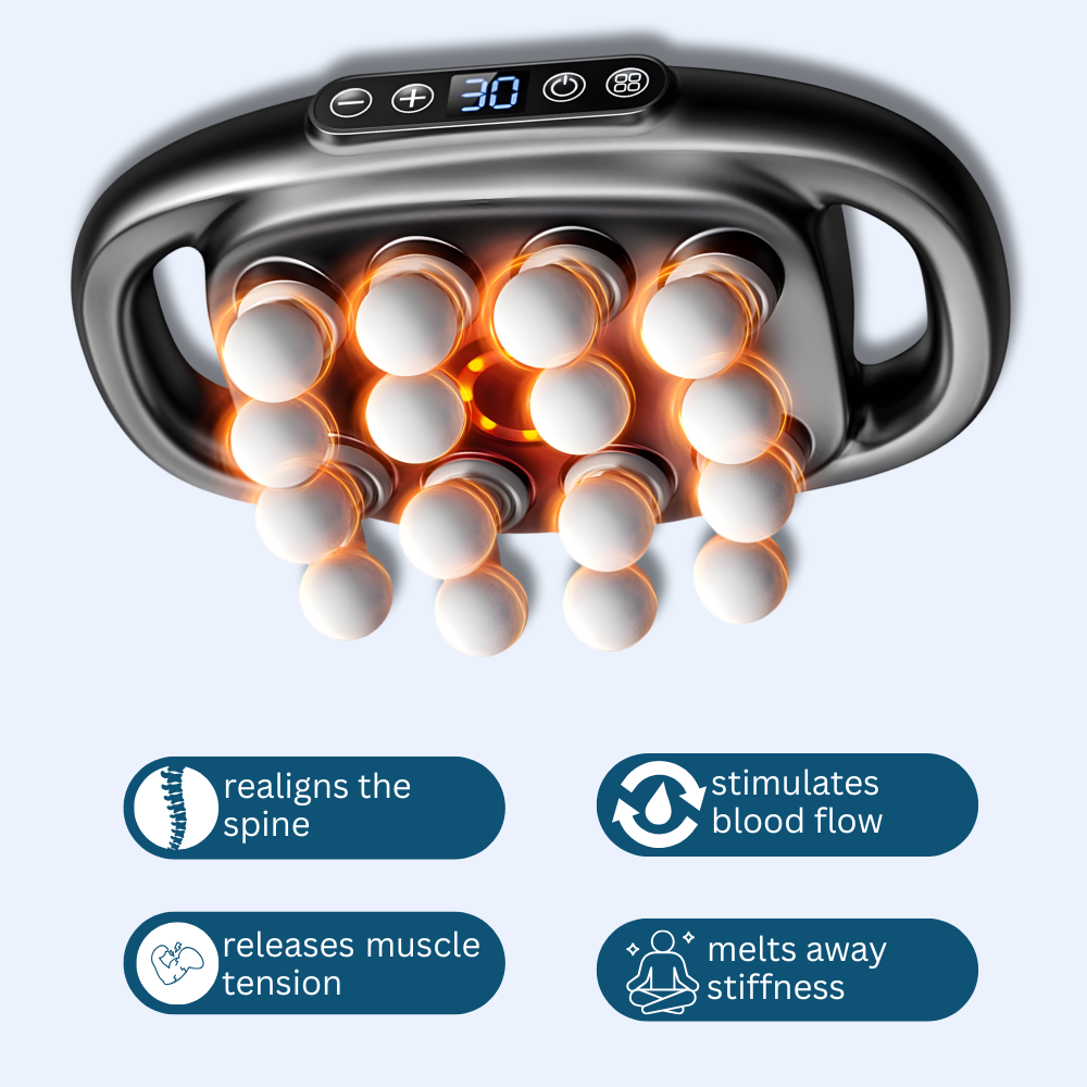 Massage device with glowing elements and text benefits on a white background