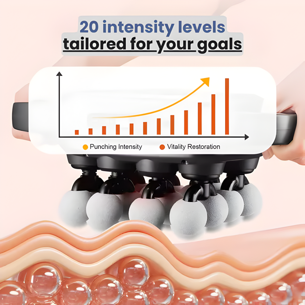 Handheld device with intensity levels for punching and vitality restoration, shown on a skin texture background.