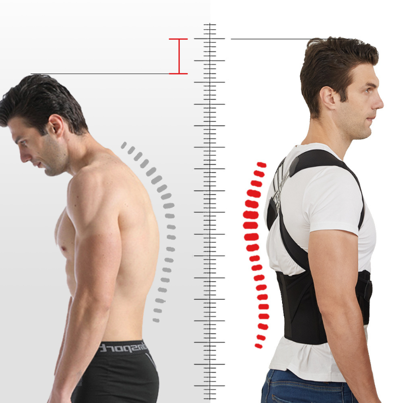 Comparison of a man with and without a back brace, showing proper posture.