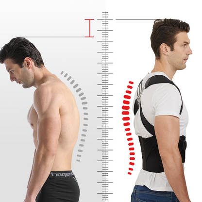 Comparison of a man with and without a back brace, showing proper posture.