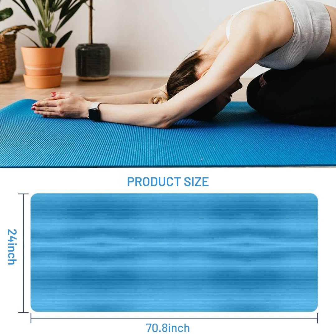 Person practicing yoga on a blue Best Non-Slip Yoga Mat with product size dimensions displayed.