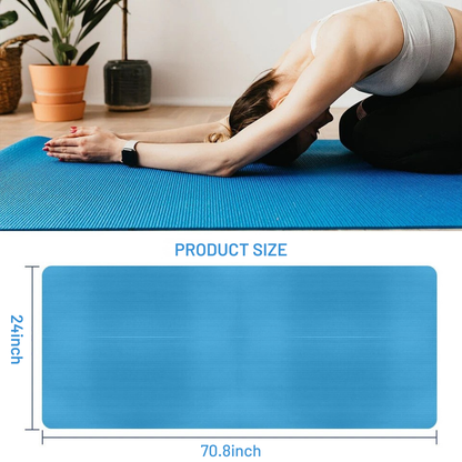 Person practicing yoga on a blue Best Non-Slip Yoga Mat with product size dimensions displayed.